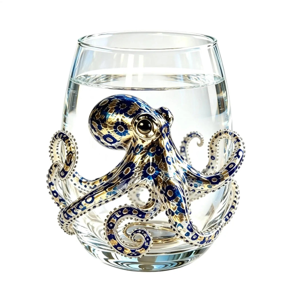 420ml Blue-Ringed Octopus Glass 2D Clear Novelty Coastal Marine Tumbler for Juice, Milk, Coffee, Great Housewarming Gift Vue