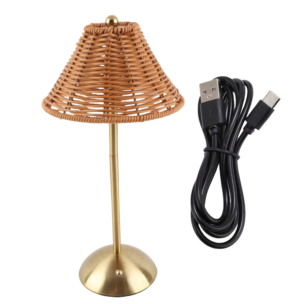 Cordless Boho Rattan Table Lamp PC Rattan Weaving Eye Care Compact LED Rechargeable Reading Light Energy Saving for Restaurant Vue Gold