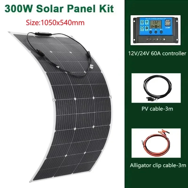 600W 300W Portable Flexible Solar Panel Kit Monocrystalline Cells Outdoor Charger for Camping Yacht Street Light Emergency Car Vue 300W and 60A
