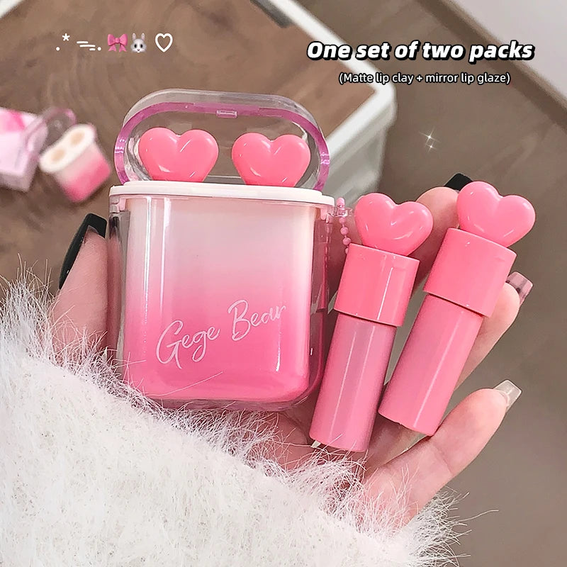 GEGE BEAR Water Gloss Velvet Matte Lip Glaze Combination Two-pack Mirror Matte Headphone Shaped Pendant Lipstick Vue
