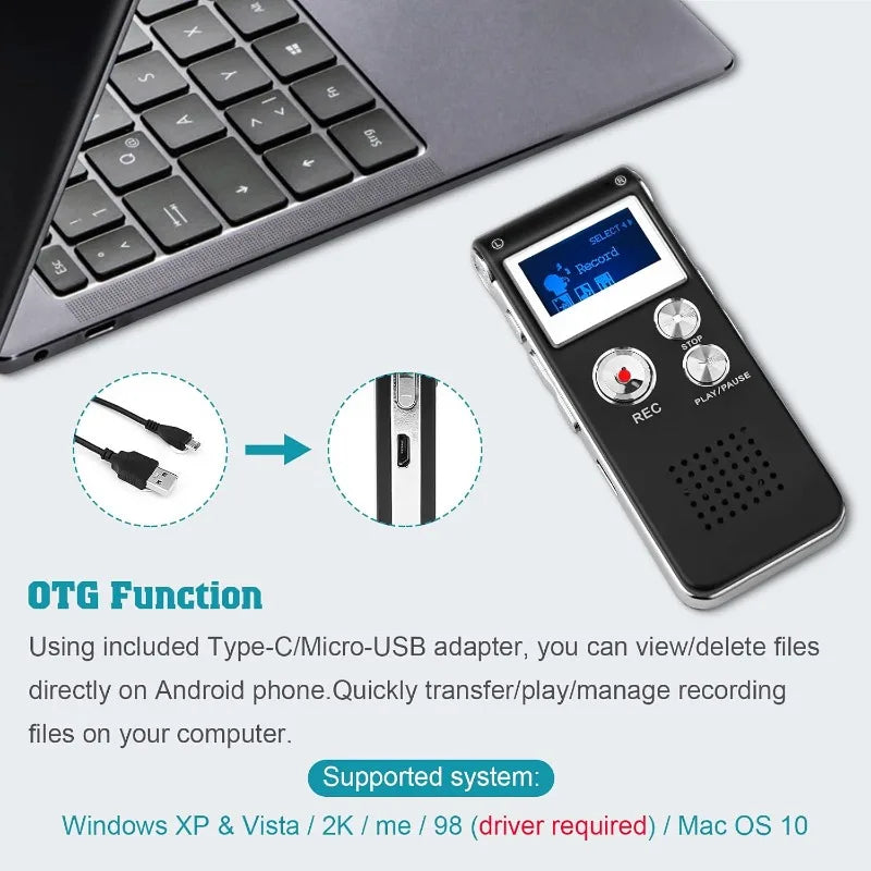 8/16/32GB Mini Voice Recorder Digital Activate Audio Tape Recording Device Microphone MP3 Playback for Lectures Meetings Class Vue