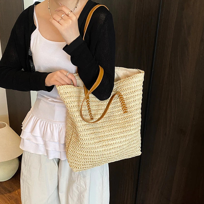 Women Top-handle Bags Straw Summer Beach Bucket Bag Woven Tote Purse