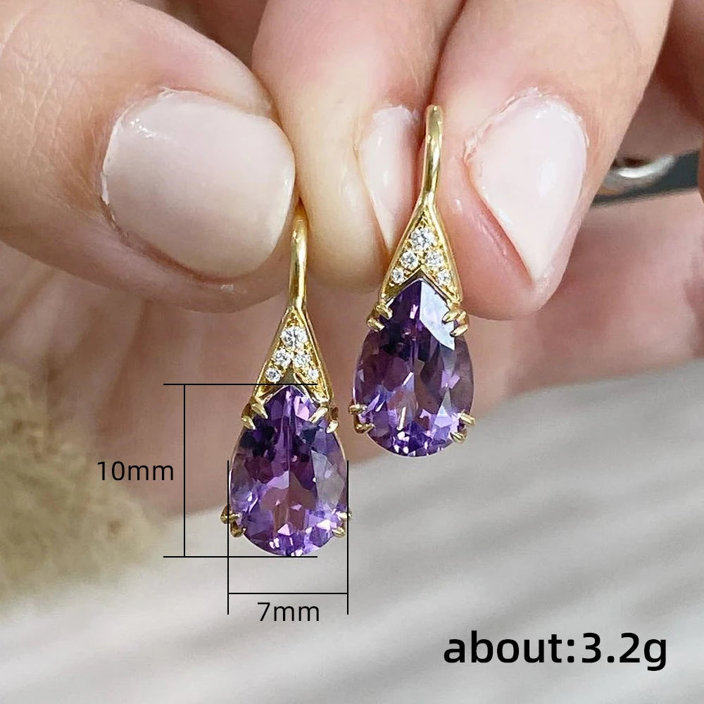 Huitan Gold Purple Pear CZ Drop Earrings | Women's Jewelry Drop Earrings Vue