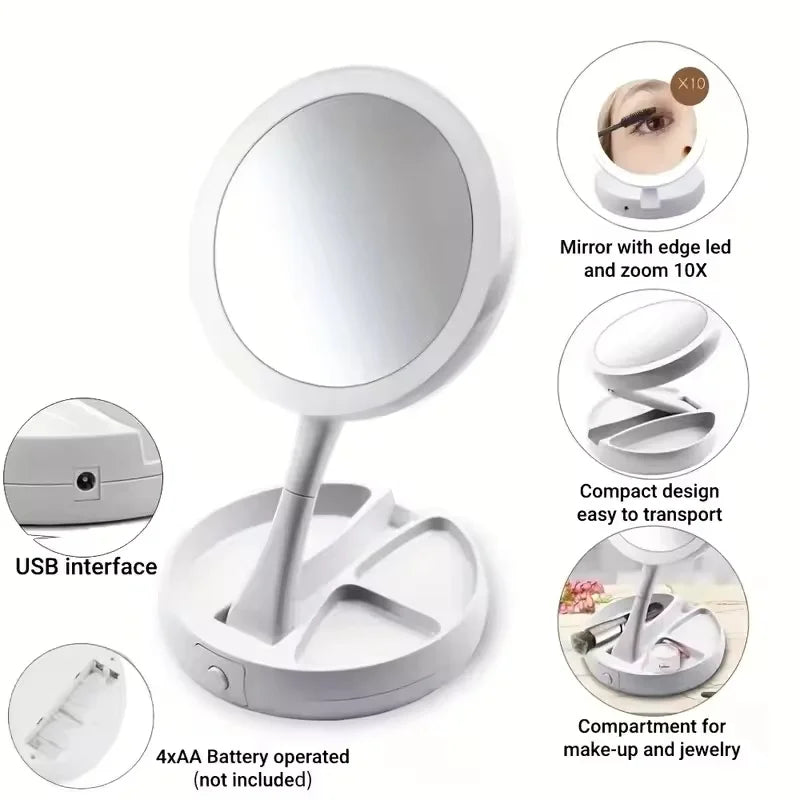 Double-Sided Travel LED Makeup Mirror with 10X Magnification Folding Portable Cosmetic Mirror with Lights Dual Powered Supply Vue
