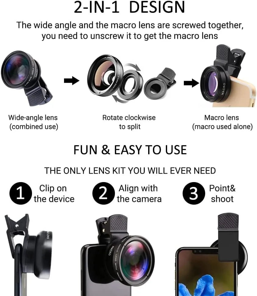 2 IN 1 Lens Universal Clip 37mm Mobile Phone Lens Professional 0.45X 49uv Super Wide-Angle + Macro HD Lens For iPhone Android Vue