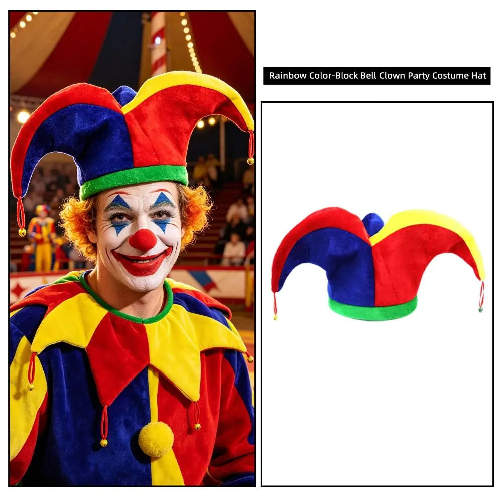 Multicolor Clown Hat 3 Points with Bells Mardi Gras Cap Funny Design Triangle Shape Halloween Party Hat Performance Stage Vue