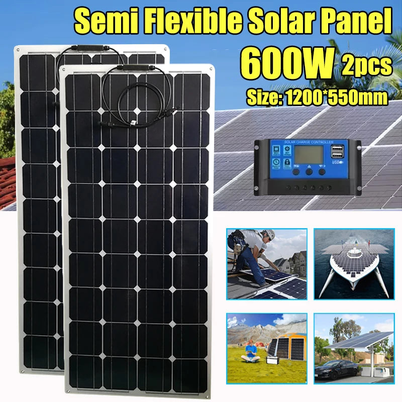 600W 300W Solar Panel Kit 18V Monocrystalline Solar Cell 60A Controller Outdoor Charger for Camping Yacht Motorhome Car RV Boat Vue