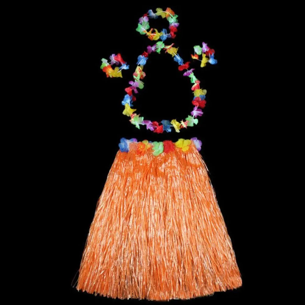 Ladies Women Hawaii Fancy Dress Grass Skirt Hula Hawaiian Full Vue orange