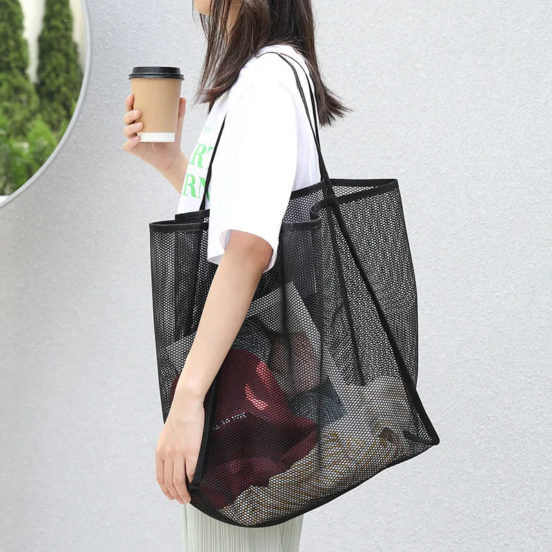 Fashion Mesh Hollow Out Handbag Design Beach Travel Package For Women Shoulder Bag Large Capacity Female Summer Shopping Totes Vue black