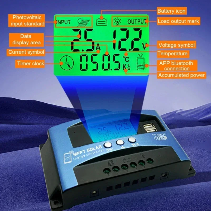 MPPT Solar Charge Controller 12V 24V WiFi Bluetooth LCD 100A Solar Charge Controller Vue