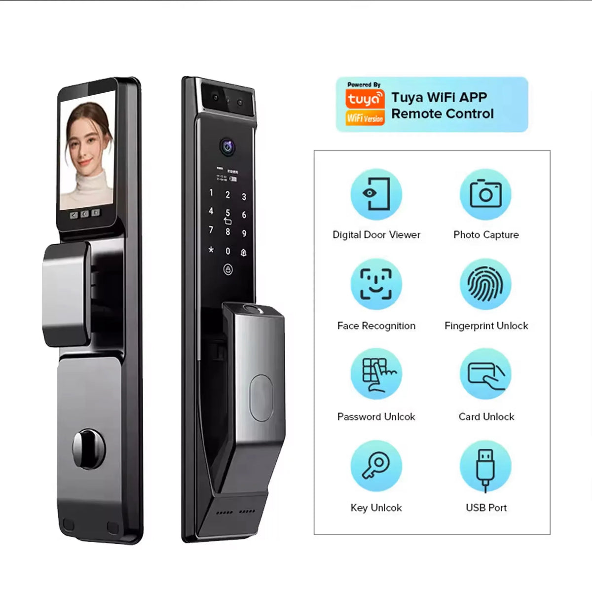 3D Face Recognition Unlock Digital Door Lock With Camera FIngerprint Password Unlock Keyless Electronic Door Lock Vue