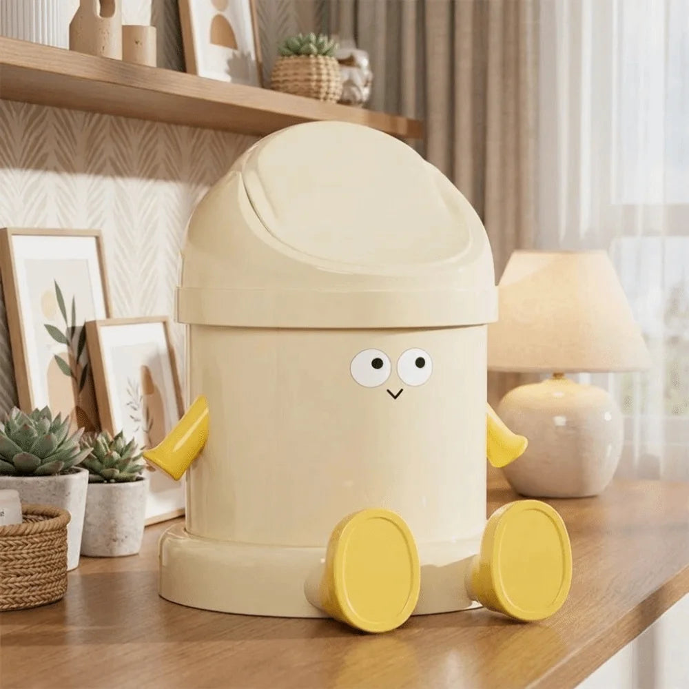Cute Cartoon Desktop Trash Can Round Large Capacity Garbage Bin with Lid Plastic Storage Bucket Office Vue