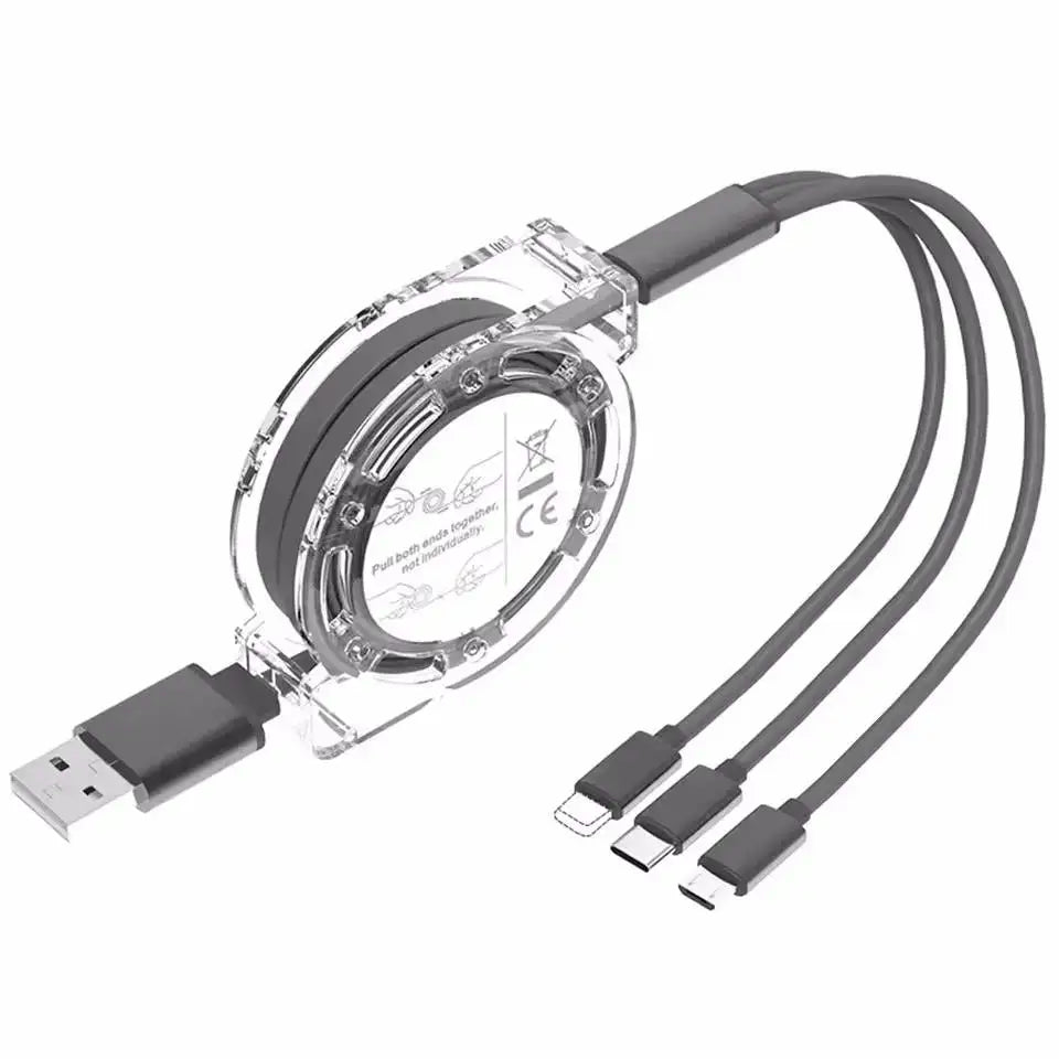 3 in 1 Retractable Data USB Cable for iPhone Charger Fast Wire Charging Cable For Android phone type c xiaomi huawei Samsung Vue grey