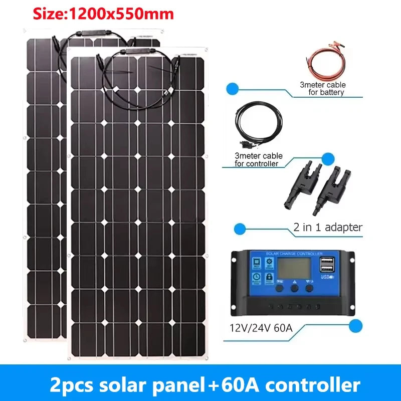600W 300W Solar Panel Kit 18V Monocrystalline Solar Cell 60A Controller Outdoor Charger for Camping Yacht Motorhome Car RV Boat Vue 2pcs solar panel 60A
