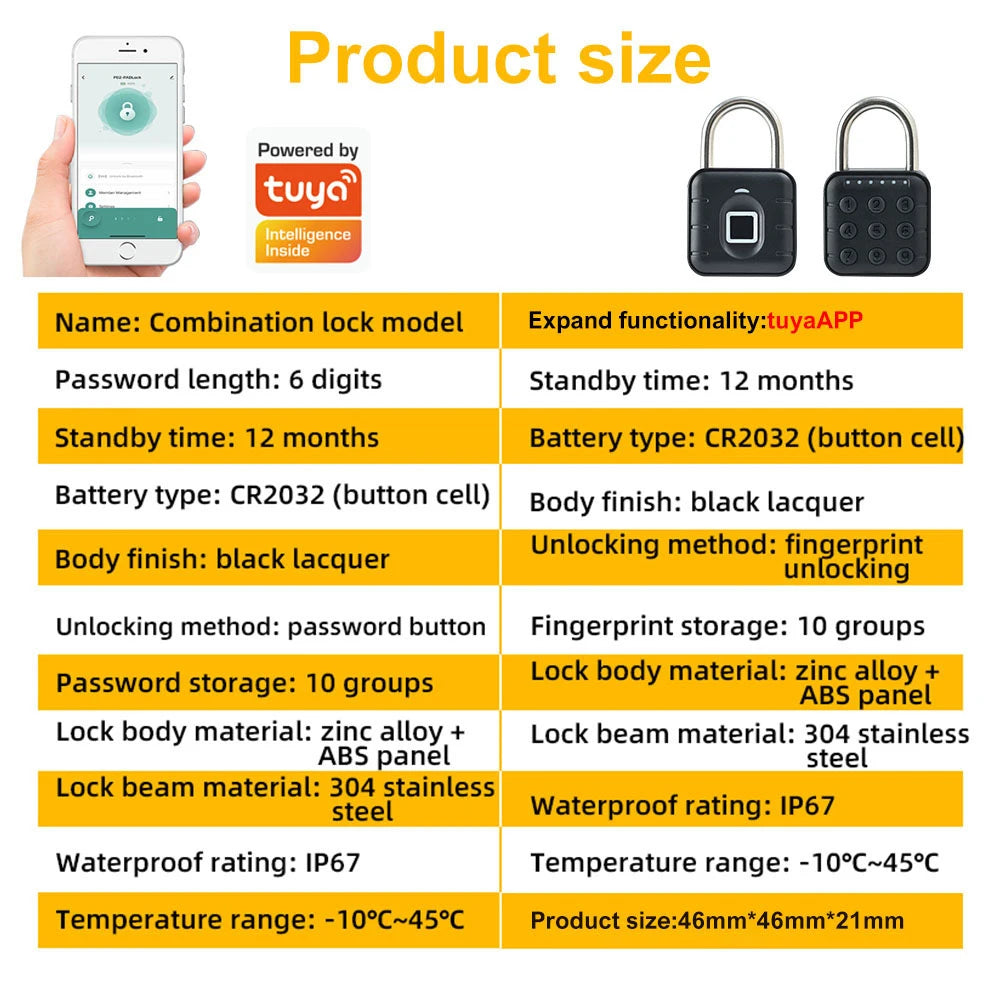 Support Tuya App Fingerprint Padlock, Waterproof Cabinet, Storage Cabinet, Charging Keyless Electronic Lock Vue