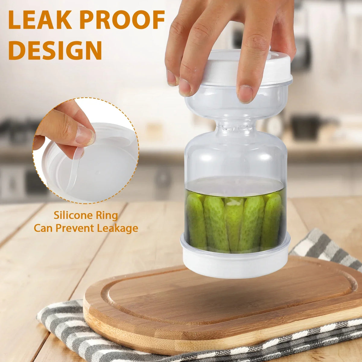 Pickle Container Wet and Dry Separation Pickle Olive Jar with Fork Leakproof Airtight Food Storage Upside Down Pickle Container Vue