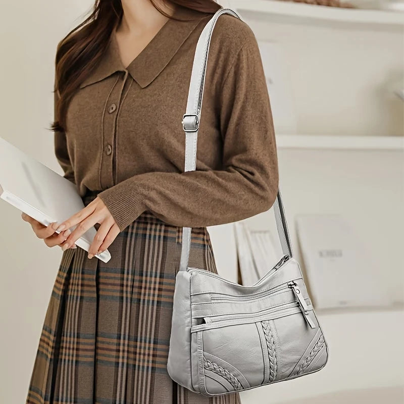 Stylish Leather Shoulder Bag Women Multi Pocket Crossbody Hobo Soft