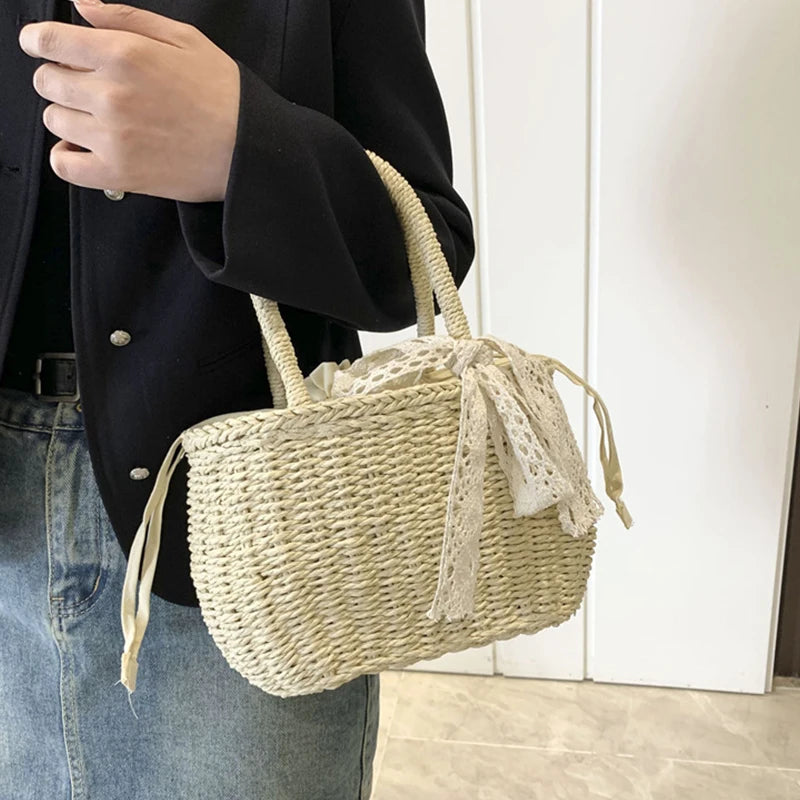 Women Straw Woven Drawstring Handbag Girls Solid Holiday Purse