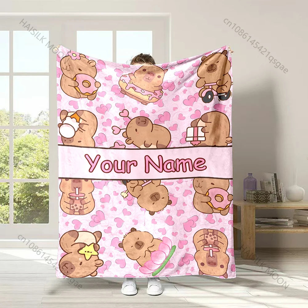 Cartoon Capybara Print Customized Name Blanket Soft and Comfortable for Home Sofa Office Outdoor Travel Camping Picnic Blanket Vue Style A 130x150cm(51x59in)