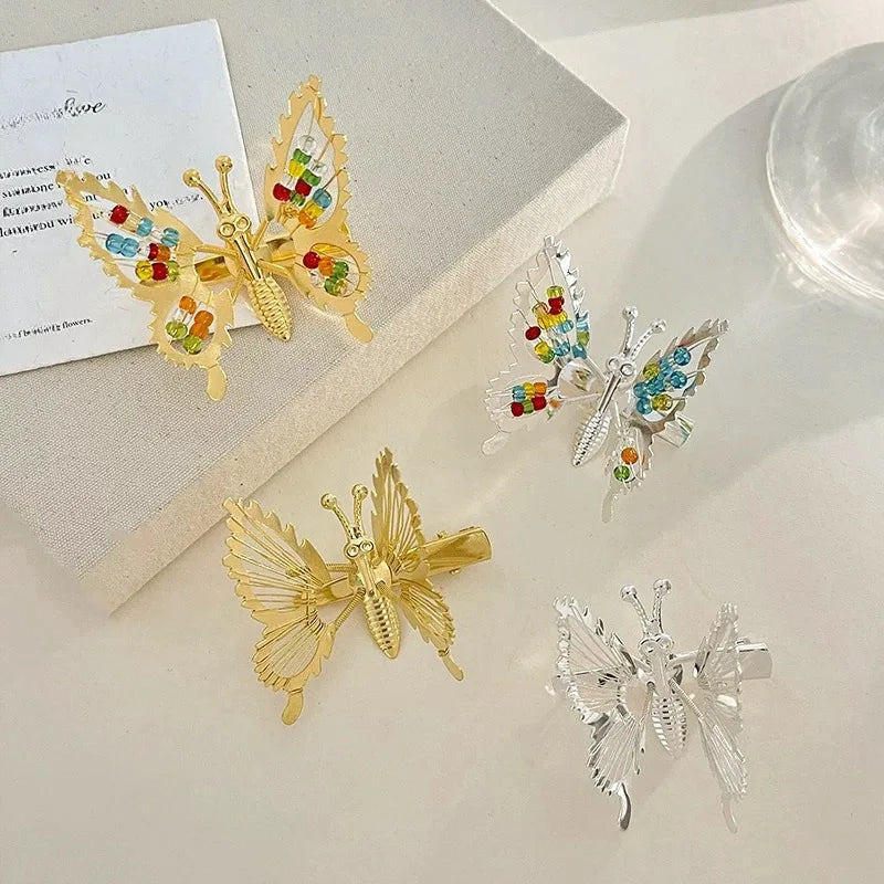 2Pcs 3D Movable Butterfly Shaped Hair Clip Metal Hollow Metallic Flying Butterfly Barrette Kit Hair Accessories Women Goldsilver Vue