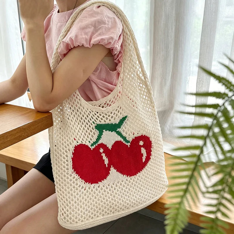 Summer Hollow Out Shoulder Bag Cherry Desing Knit Hand Woven