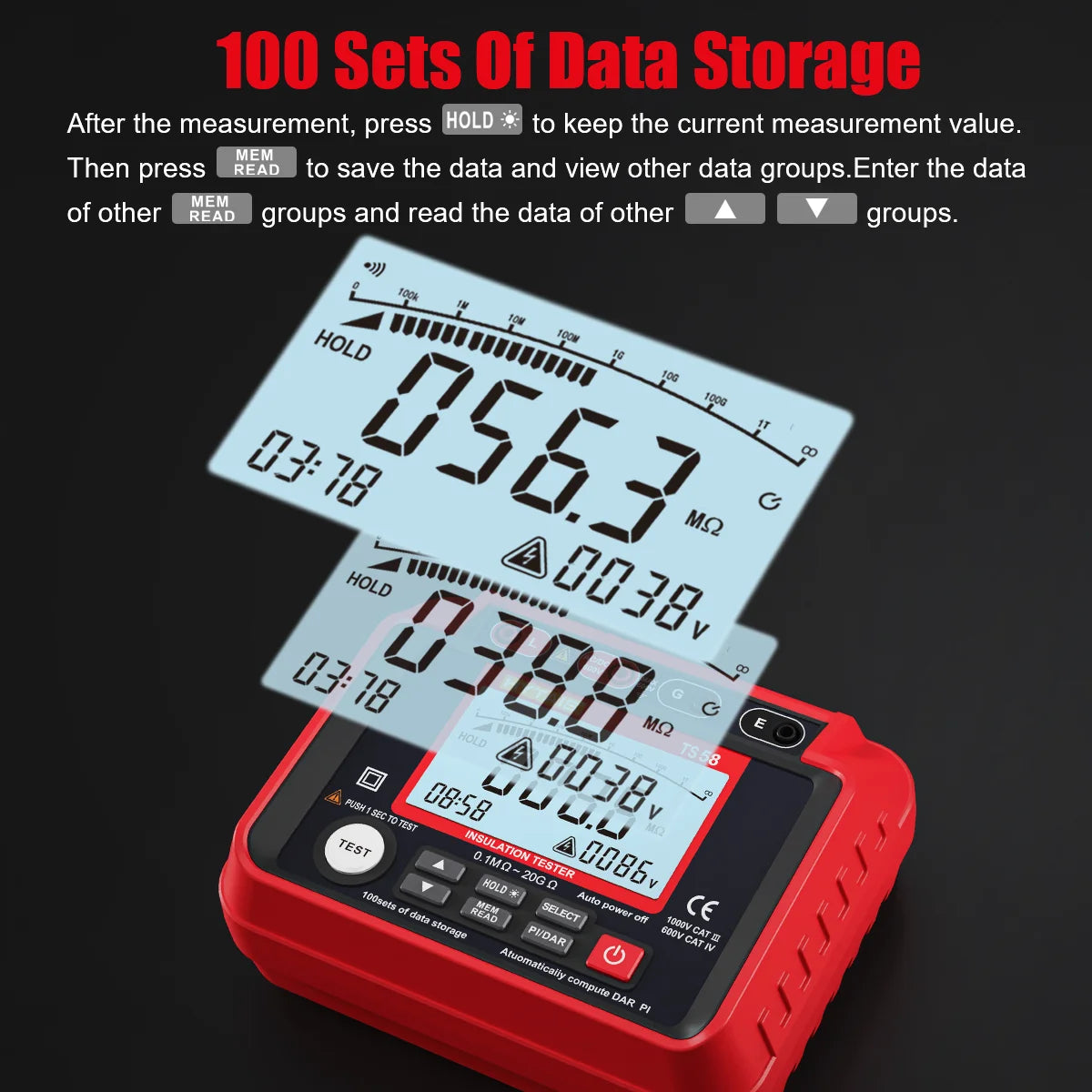 HYTAIS TS58 Digital Megohmmeter Professional Insulation Resistance Tester 1000V 20GΩ AC/DC Voltage Tester Data Storage with Bag Vue