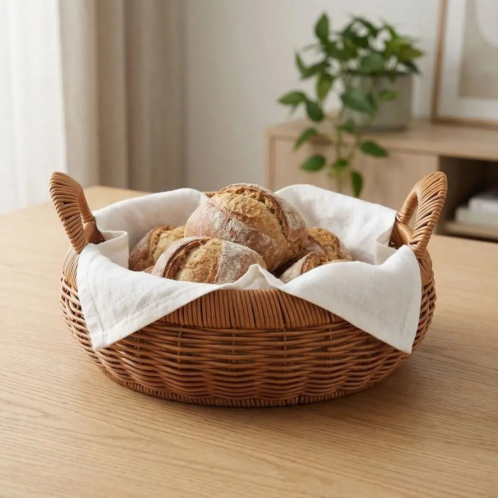 Large Capacity Imitation Rattan Storage Basket Plastic Decorative Round Rattan Storage Tray Handmade with Handle Vue