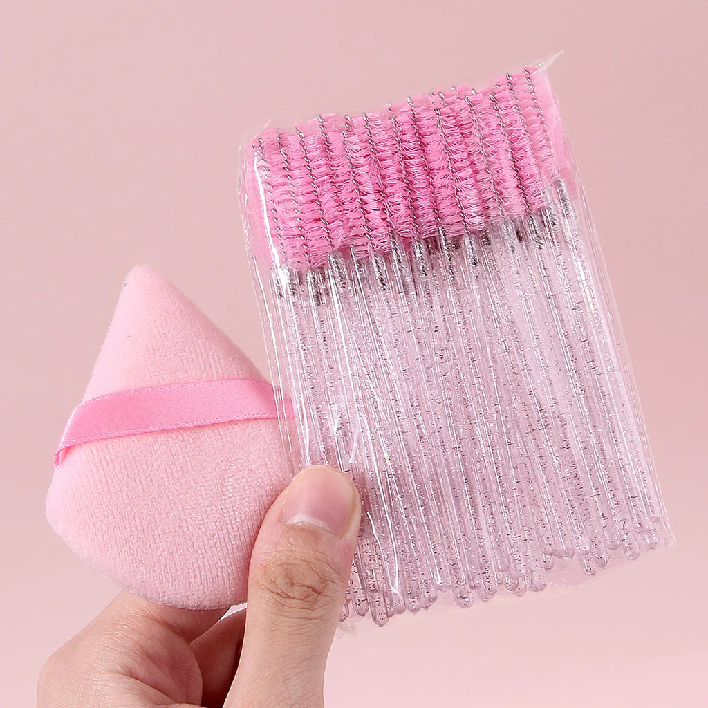 Hot Sale Precise Eyelash Brushes,51PCS Glitter Spiral Wands with Triangle Puff Multipurpose Cosmetic Tools for Eyelash & Facial Vue