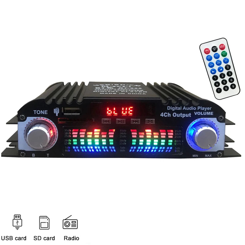 BT-998 Hifi Audio Home Digital Amplifiers Car Audio Bass Power Bluetooth Amplifier FM USB SD Radio for Subwoofer Speakers DC12V Vue