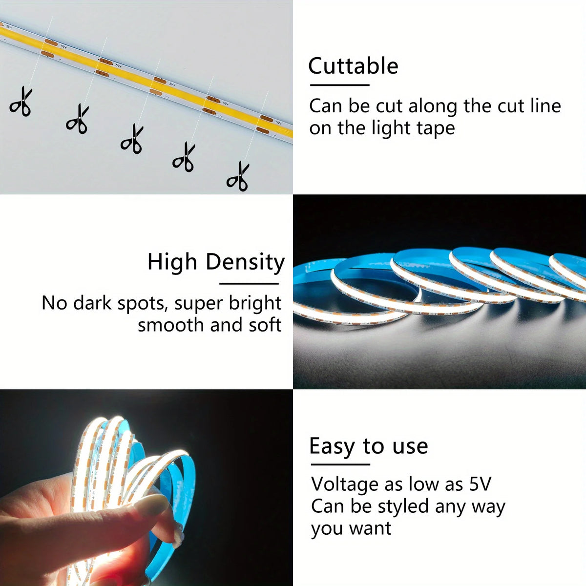 5V USB COB LED Light Strip Linear Touch Dimmable Flexible Diode Tape Home Christmas Lights TV Mirror Backlight Room Decoration Vue