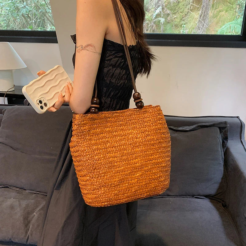 Niche Forest Bucket Bag Wooden Bead Magnetic Buckle Shoulder Retro