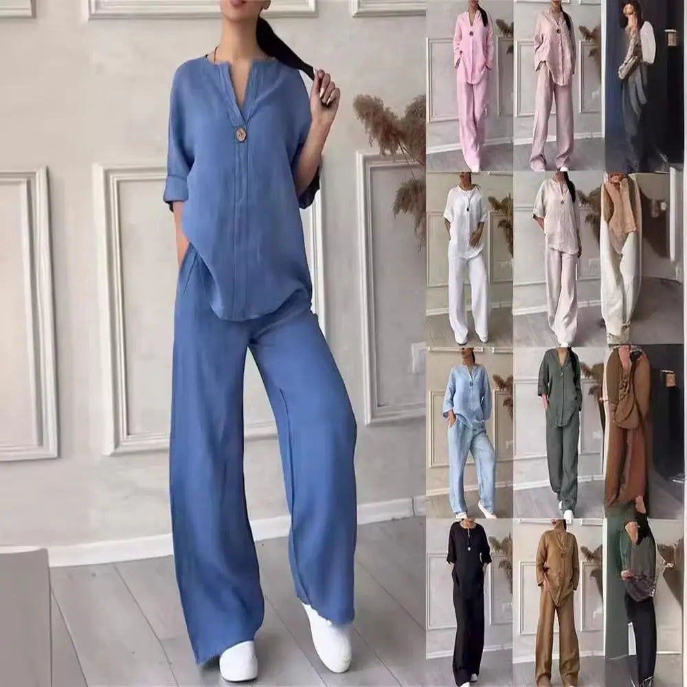 Fashion V Neck Women Two Short Sleeve Button Front Pants Pocket