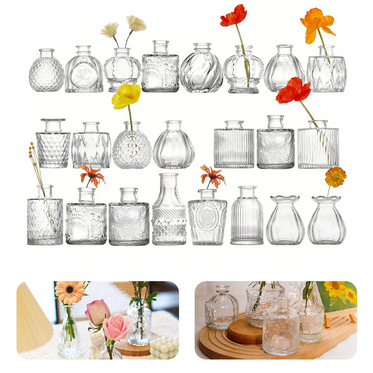 40PCS French Retro Relief Mini Glass Vase Simple Desktop Decor Bottle Transparent Striped Flower Vases Home Office Decoration Vue