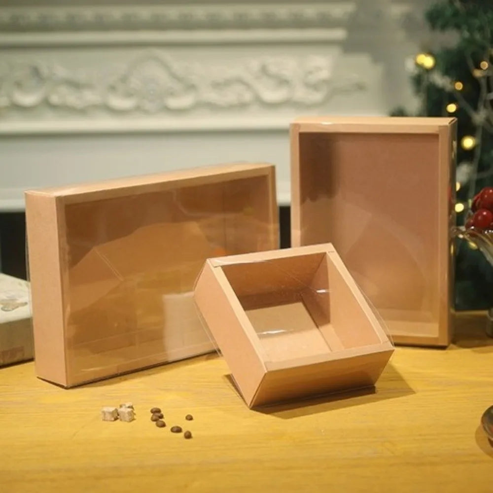 10PCS/SET Clear Window Kraft Gift Box Hardcore Foldable Gift Packaging Box DIY Reusable Drawer Gift Box Festival Present Vue