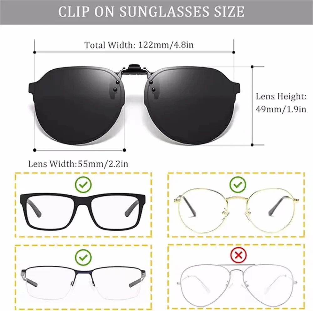 Men Flip Up Clip on Sunglasses Polarized Anti Glare Women Large Driving UV400 Mirror Sun Glasses with Clips for Glasses Frame Vue