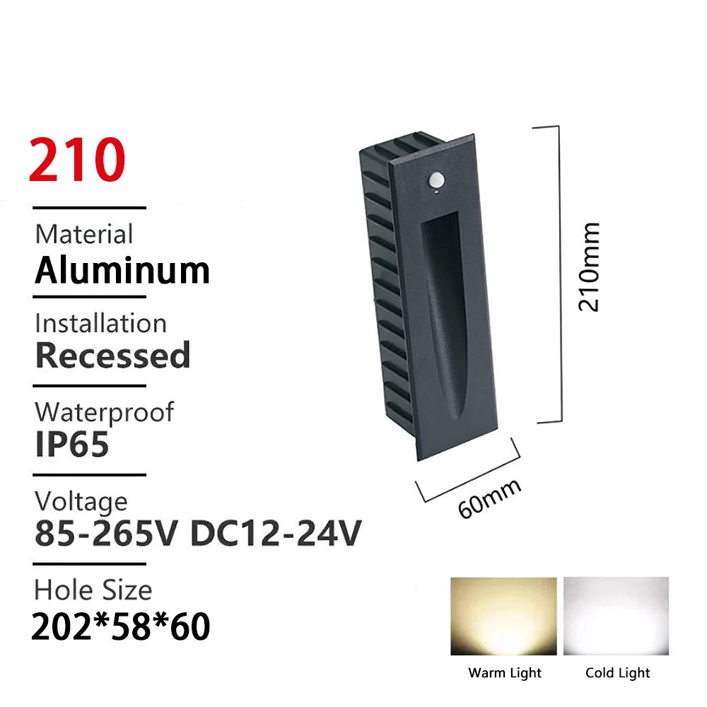 SANDIY Recessed Stair Light Motion Sensor IP65 Outdoor LED Sconce Outdoor Wall Sconce Vue Waterproof IP65 Sensor 210x60 Cold Light 12-24V
