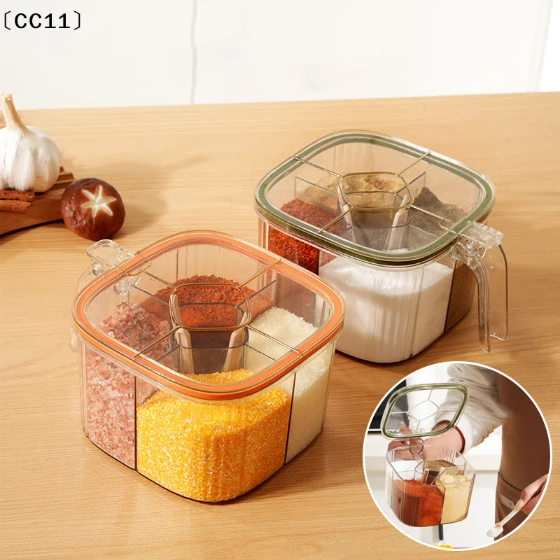 4 Grids Salt Pepper Seasoning Box Transparent Lid Spice Jar Chili