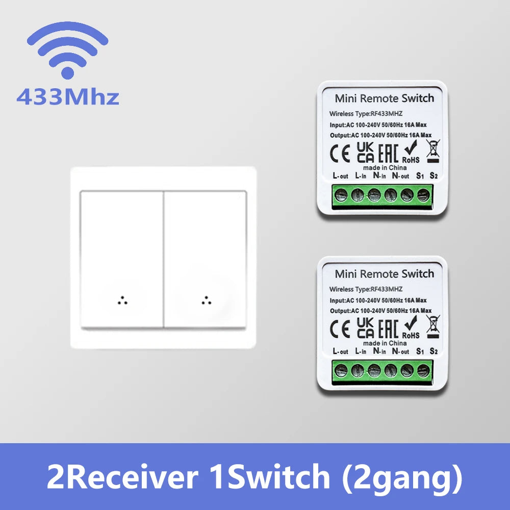 433MHz Smart Wireless Light Switch Relay Receiver Remote Control 1/2/3 Gang Wall Panel Interruptor for LED Lamp Home Lighting Vue 2Receiver 1Switch