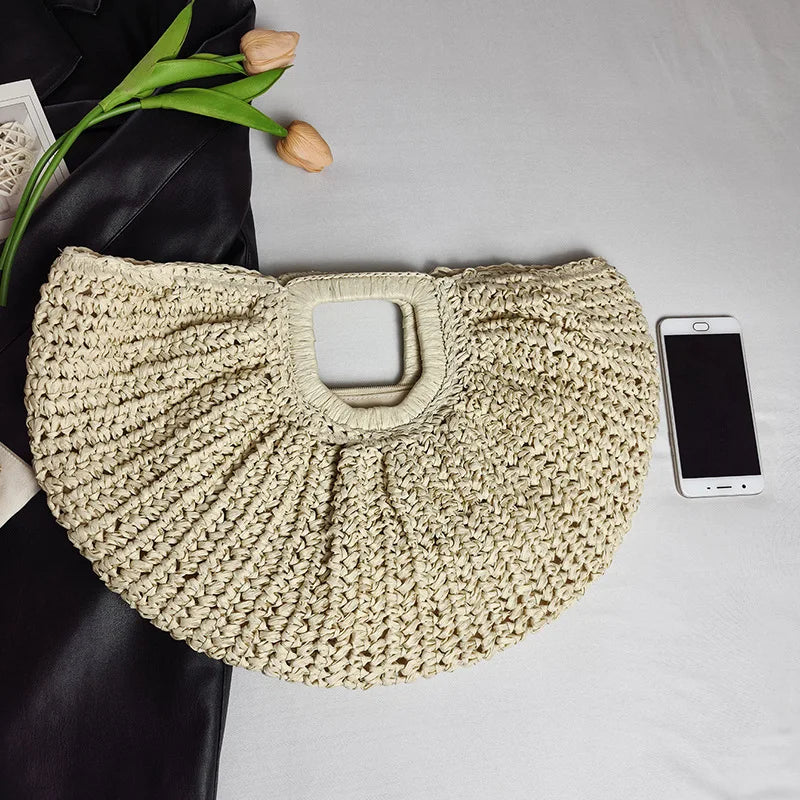 Summer Woven Straw Bag Moon Large Capacity Purse Handbag Women Beach