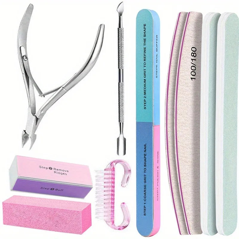 10Pcs/lot Nail Art 100/180 Grit Professional Files Buffer Sponge Block Brush Nail Scissors Kit With Cuticle Nipper Pushers Manic Vue