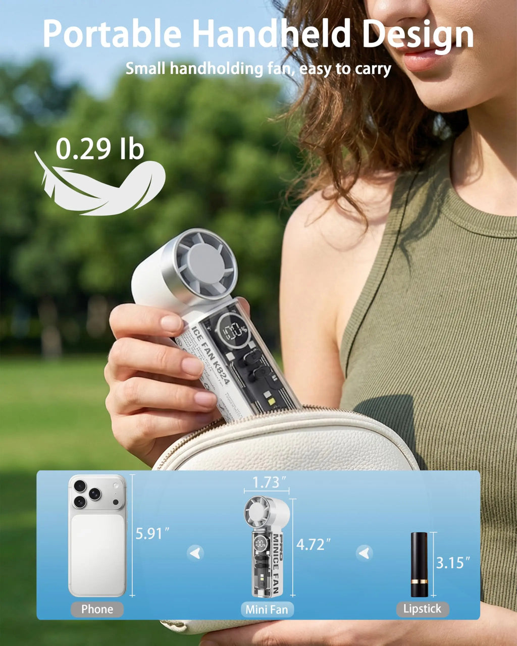 Rechargeable Portable Cooling Fan,Handheld Fan with LED Battery Display, 199 Speeds High-Speed Fan for Summer, Travel & Camping Vue