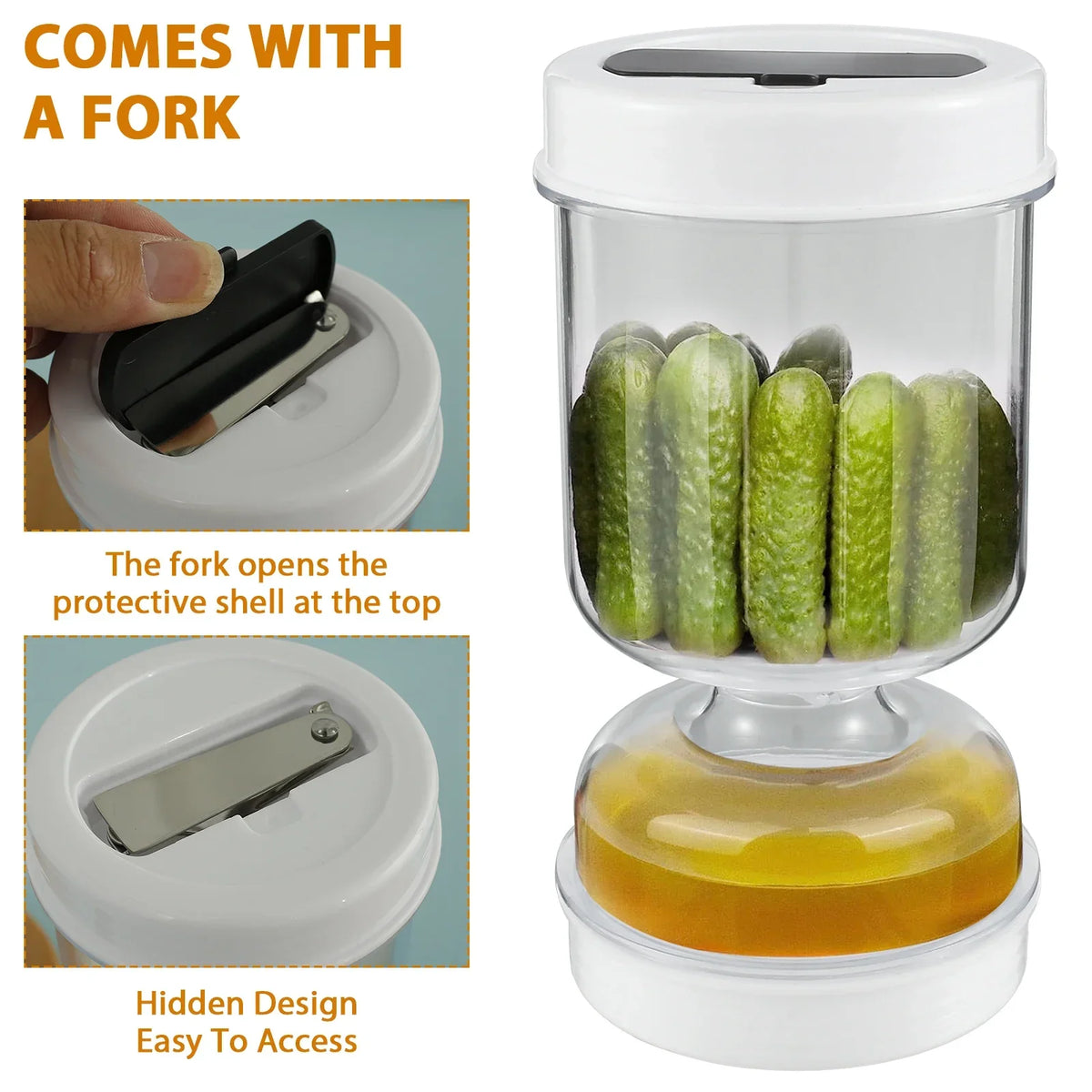 Pickle Container Wet and Dry Separation Pickle Olive Jar with Fork Leakproof Airtight Food Storage Upside Down Pickle Container Vue