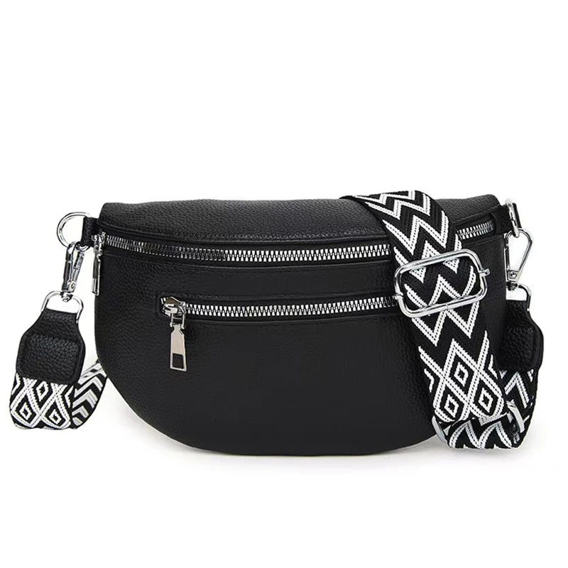 Glam Everyday Crossbody Chest Bag Solid Black Leather Fanny Decor