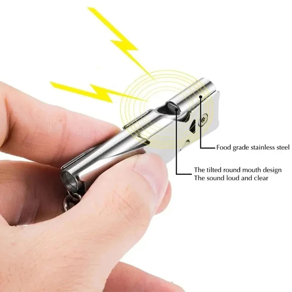 High Decibel Whistle Keychain Stainless Steel Double Pipe Camping Hiking Emergency Survival Whistle Portable Outdoors Tools Vue