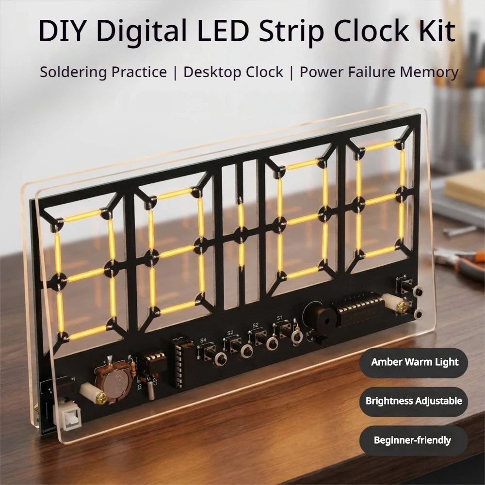 4 Digit Warm LED Digital Clock DIY Soldering Practice Kit 5V Adjustable Brightness Date Week Alarm Desktop Electronic Clock Kit Vue