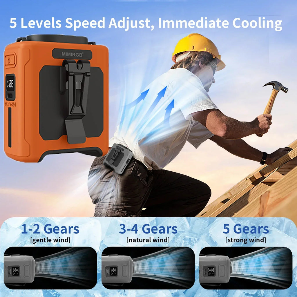 New Waist-Worn Fan for Outdoor Hiking and Mountain Climbing: Ventilation and Cooling, Waist-Worn Design, LED Light, USB Power Vue