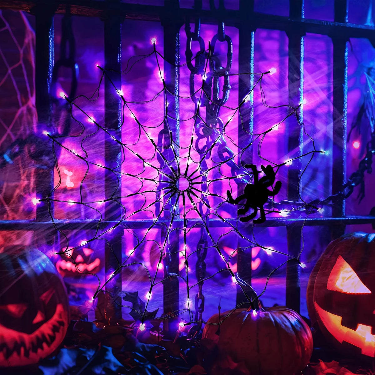 Halloween Spider Web Glowing Lamp 70LED Battery Powered 8 Modes For Haunted House Scene Ghost Festival Home Party Holidays Decor Vue