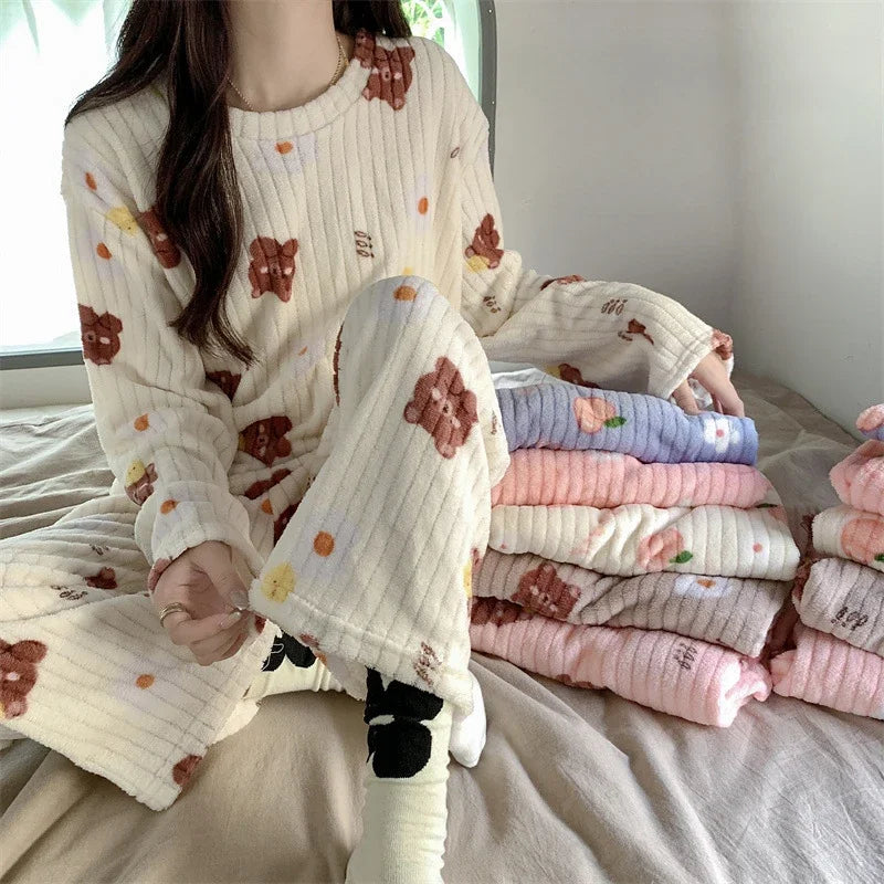 Womens Cozy Coral Fleece Pajama Set with Bear Print Long Sleeve Top and Elastic Waist Pants for Winter Sleep Home Lounging Gift Vue