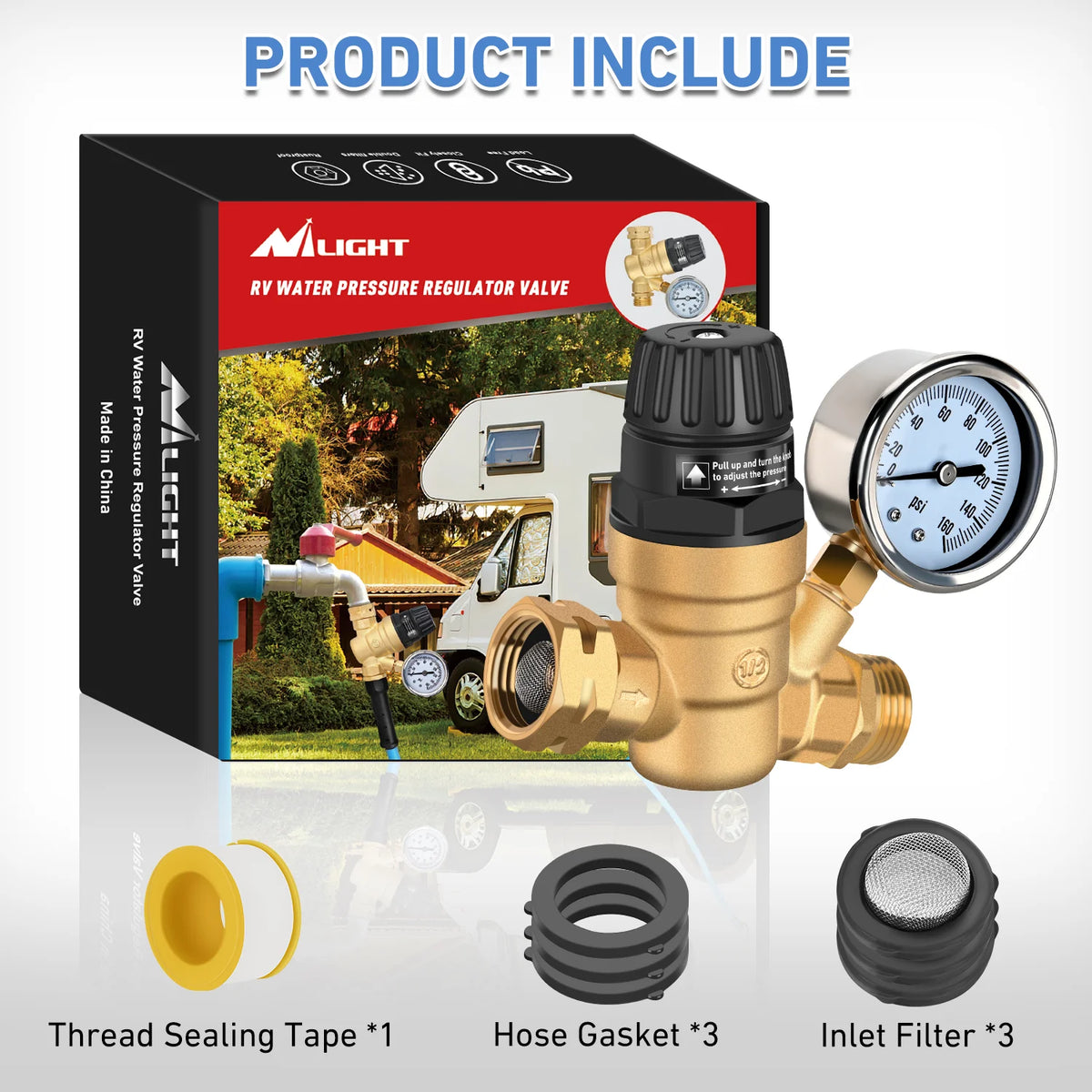 Nilight RV Water Pressure Regulator for RV Camper, Adjustable Handle Water Pressure Regulator Valve with Gauge and Inlet Screen Filter, Brass Lead-free Reducer Valve Filter for Camper Travel Trailer Vue Gold United States
