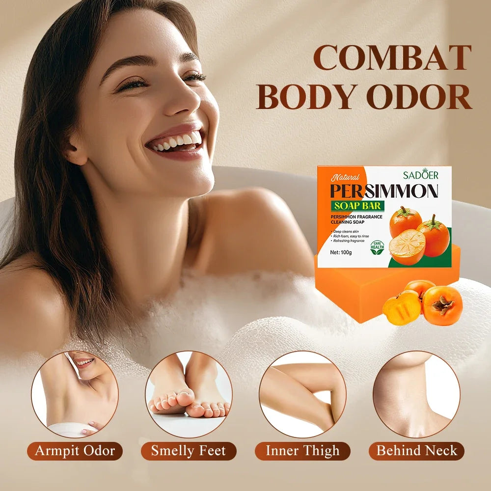 1/2Pcs Persimmon Cleansing Soap Bar with Foaming Net Body Care Face Wash Exfoliating Whitening Soap Fruit Handmade Shower Soap Vue